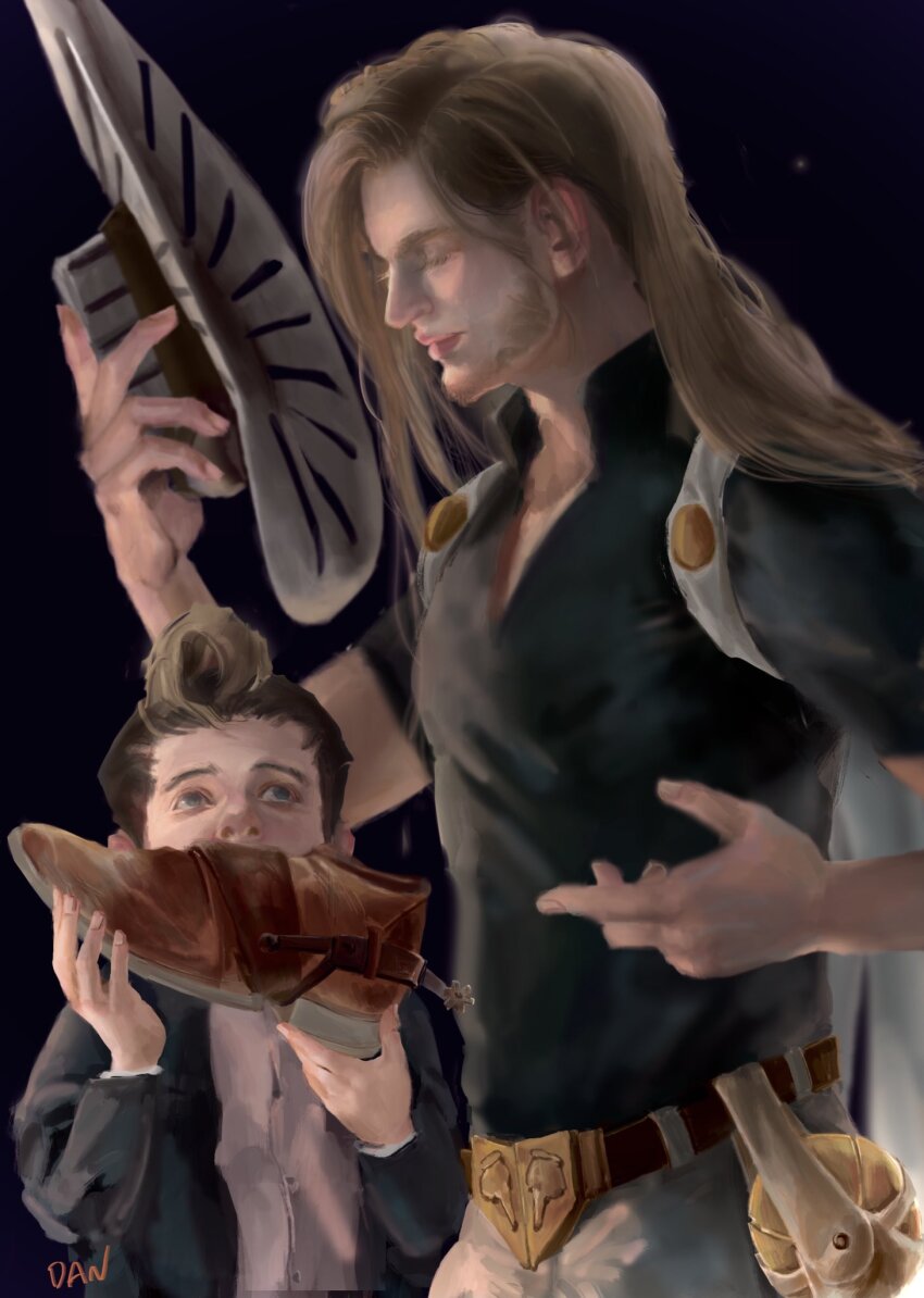 2boys artist_name ball beard blonde_hair closed_eyes commentary_request danart14020 facial_hair fingernails goggles goggles_on_headwear gyro_zeppeli hat highres holding holding_footwear holding_unworn_clothes holding_unworn_hat jojo_no_kimyou_na_bouken long_hair looking_at_another male_focus marco_(sbr) multiple_boys muscular realistic shirt steel_ball_(jojo) steel_ball_run unworn_hat unworn_headwear