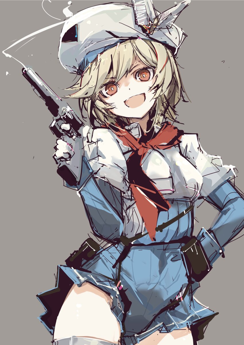 1girl absurdres blonde_hair blue_skirt breasts girls&#039;_frontline girls&#039;_frontline_2:_exilium gloves grey_background gun handgun highres holding holding_gun holding_weapon medium_hair nagant_(girls&#039;_frontline_2) nagant_m1895 nagant_revolver_(girls&#039;_frontline) orange_eyes revolver simple_background skirt small_breasts solo thighs weapon white_gloves yoto_(rinlin2)