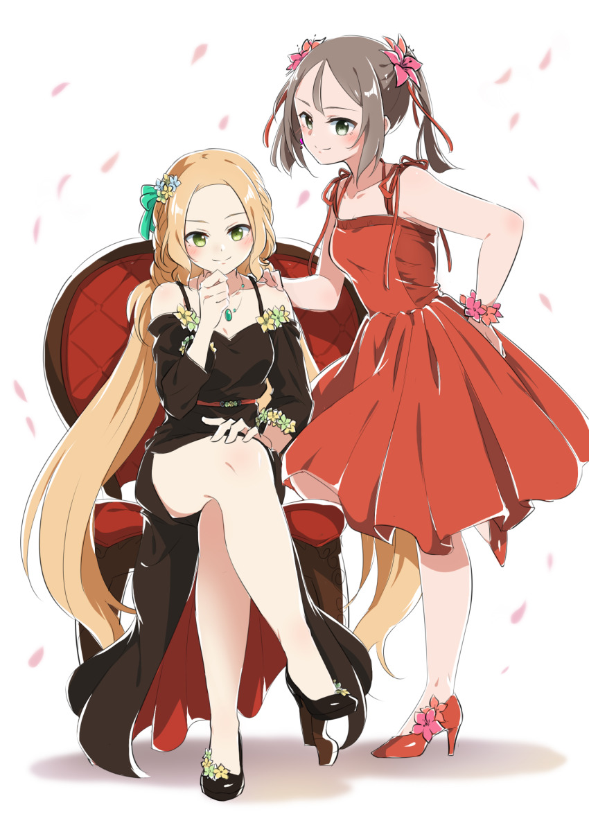 2girls aqua_bow bare_legs black_dress black_shoes blonde_hair bow bracelet braid brown_hair cherry_blossoms collarbone dress eda_udon evening_gown flower flower_bracelet full_body hair_bow hair_flower hair_ornament hair_ribbon hand_on_another&#039;s_shoulder hand_on_own_hip high_heels highres inubouzaki_fuu jewelry leg_up long_hair long_sleeves low_twintails medium_skirt miyoshi_karin multiple_girls necklace pendant pink_flower pumps red_dress red_ribbon red_shoes ribbon shoes side_slit sitting skirt sleeveless sleeveless_dress standing twintails very_long_hair white_background yuuki_yuuna_wa_yuusha_de_aru yuusha_de_aru