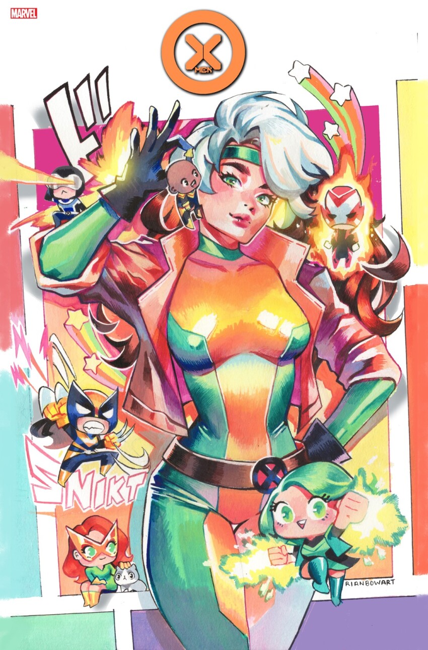3boys 4girls anna_marie_lebeau artist_name belt black_gloves blank_eyes bodysuit boots breasts chibi comic_cover copyright_name cowboy_shot cyclops_(x-men) domino_mask eye_beam gloves green_bodysuit green_eyes green_footwear green_hair hand_on_own_hip highres jacket jean_grey lorna_dane marvel marvel_girl mask medium_breasts multiple_boys multiple_girls narrow_waist no_pupils official_art open_clothes open_jacket petting polaris_(x-men) red_hair rian_gonzales rogue_(x-men) scott_summers shiro_yoshida solo_focus sound_effects sunfire_(x-men) superhero_costume thigh_gap white_eyes white_hair wolverine_(x-men) x-men yellow_bodysuit yellow_boots