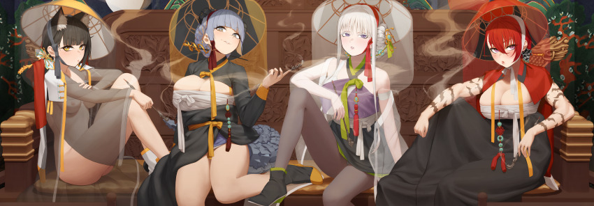 3d_background 4girls absurdres adapted_costume alternate_costume animal_ear_fluff animal_ears arm_tattoo black_hair blonde_hair blue_eyes blue_hair blush breasts cheona_(last_origin) chest_sarashi chima_(clothes) dog_ears dog_girl dragon_tail fafnir_(last_origin) fake_tail hat highres holding holding_smoking_pipe janghwa_(last_origin) korean_clothes large_breasts last_origin long_hair looking_at_viewer medium_breasts mole mole_under_eye multicolored_hair multiple_girls nipples noeul_(hat) nude pantyhose purple_eyes red_hair revealing_clothes sarashi scemonkey see-through_clothes see-through_sleeves short_hair sitting smoke smoking smoking_pipe tail tattoo two-tone_hair vargr_(last_origin) yellow_eyes