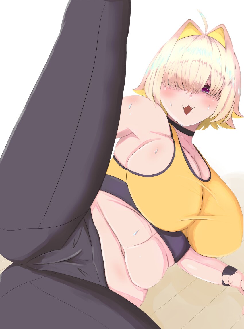 1girl :3 absurdres ahoge black_pants blonde_hair blush breasts cameltoe cleavage elegg_(nikke) exercising fang goddess_of_victory:_nikke hair_intakes hair_over_one_eye highres huge_breasts leg_up long_bangs lying nama_sirasu navel on_floor on_side one_eye_covered open_mouth pants plump purple_eyes short_hair smile solo sports_bra spread_legs stretching sweat tight_clothes white_background yellow_sports_bra yoga_pants