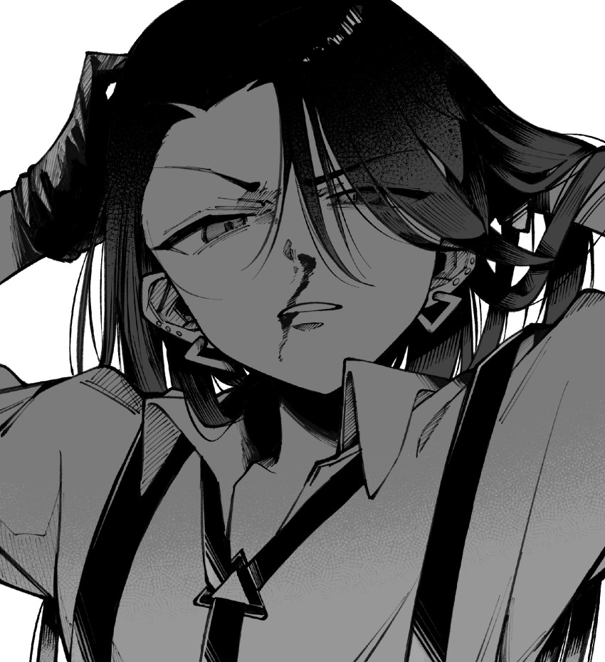 1girl blood blood_on_face collared_shirt ear_piercing earrings gloves greyscale hair_between_eyes hands_in_own_hair hei_tai_(kyaputen1) highres jewelry long_hair looking_at_viewer monochrome nintendo nosebleed parted_lips piercing pokemon pokemon_sv rika_(pokemon) shirt simple_background solo suspenders upper_body