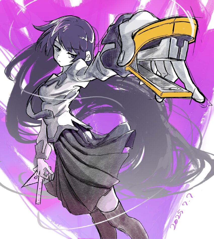 1girl absurdres bakemonogatari breasts collared_shirt eyelashes feet_out_of_frame foreshortening goffstager greyscale_with_colored_background highres holding holding_stapler juliet_sleeves long_hair long_sleeves looking_at_viewer medium_breasts monogatari_(series) naoetsu_high_school_uniform necktie pleated_skirt puffy_sleeves purple_background school_uniform senjougahara_hitagi shirt skirt solo spot_color thighhighs very_long_hair zettai_ryouiki