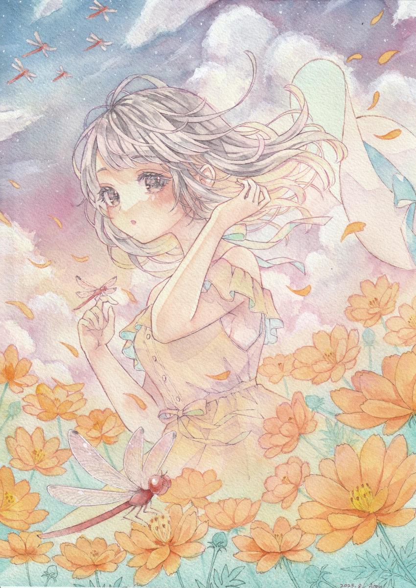 1girl absurdres amu_(m_aa) bug cloud colored_eyelashes commentary_request cosmos_(flower) dated dragonfly dress dutch_angle eyelashes floating_hair flower grey_hair hat highres insect long_hair orange_flower orange_petals original outdoors painting_(medium) parted_lips petals signature sky sleeveless sleeveless_dress solo traditional_media twilight unworn_hat unworn_headwear watercolor_(medium) white_hat yellow_dress