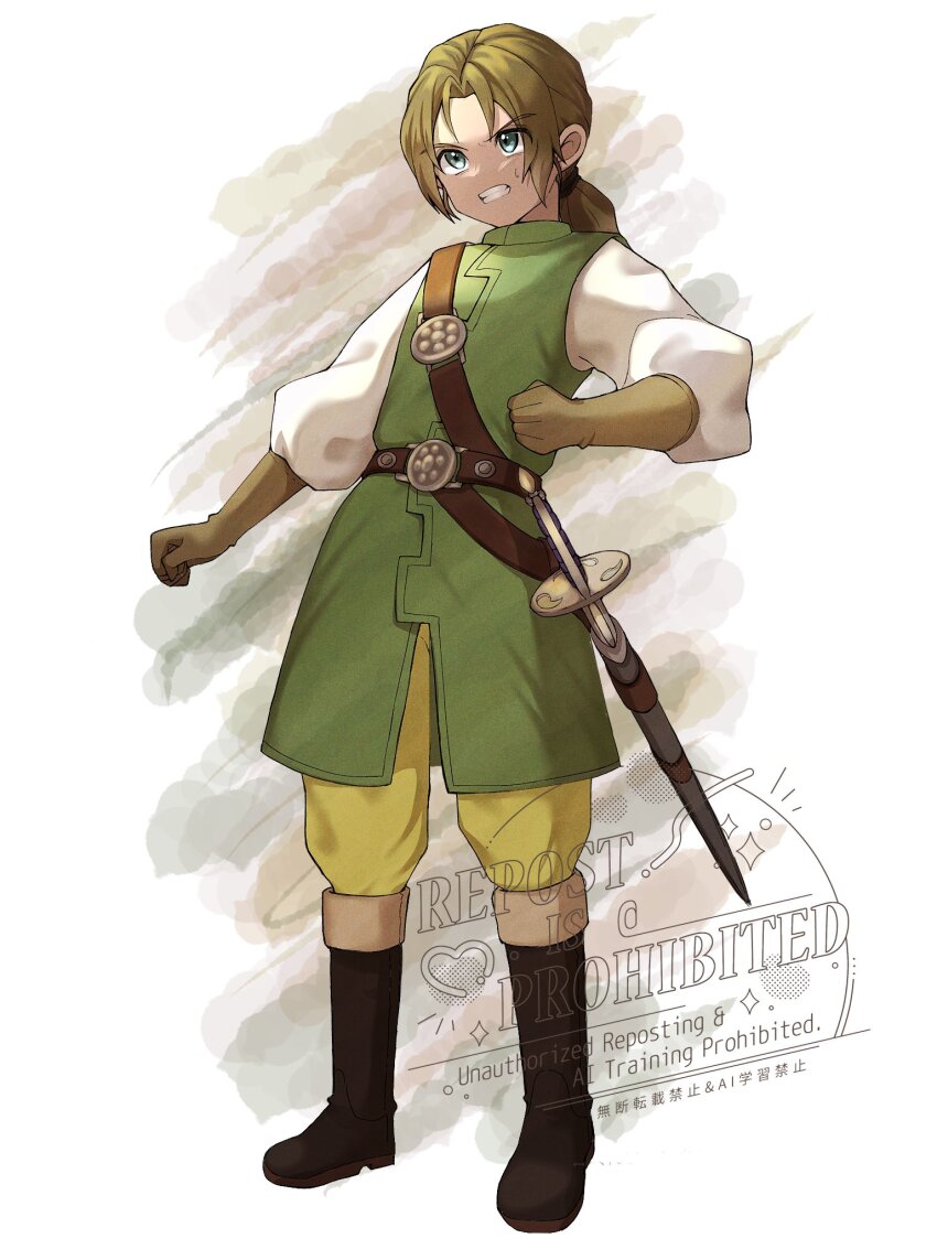 1boy androgynous aqua_eyes artist_name belt belt_buckle boots brown_belt brown_boots brown_gloves brown_hair buckle clenched_hands clenched_teeth commentary_request dragon_quest dragon_quest_x full_body gloves green_tunic highres looking_up low_ponytail male_focus nikon_(user_aznh7528) pants parted_hair ponytail rapier sheath sheathed shirt sleeveless_tunic solo sweatdrop sword teeth touma_(dq10) tunic weapon white_background white_shirt yellow_pants