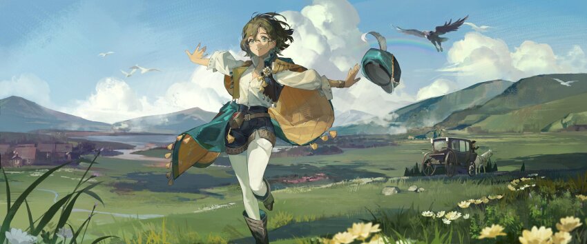 1girl bird carriage cloud cloudy_sky flower hat highres mountain nature reverse:1999 scenery sky town