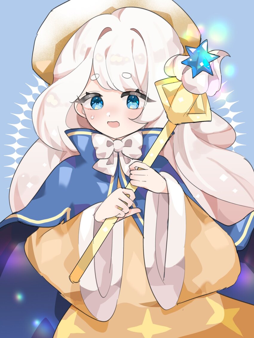 1girl blue_eyes bow bowtie capelet cookie_run cookie_run:_kingdom cream_puff_cookie crk_gyul dress food-themed_hat hat highres holding holding_wand humanization long_hair long_sleeves looking_at_viewer open_mouth smile solo very_long_hair wand white_bow white_hair