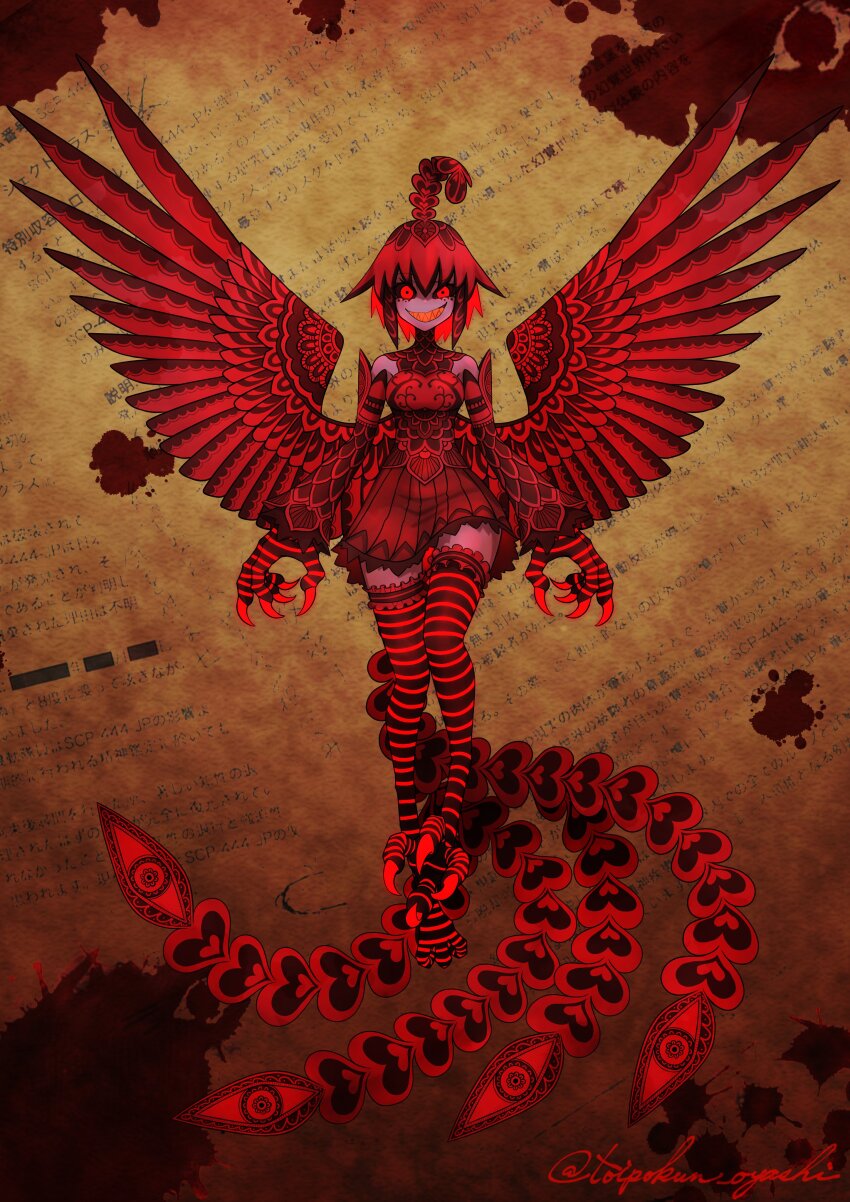 1girl absurdres animal_feet animal_hands artist_name bare_shoulders bird bird_legs bird_tail bird_wings black_sclera blood brown_background colored_sclera colored_teeth constricted_pupils detached_sleeves dress evil_grin evil_smile feather_hair full_body glowing glowing_hair grin harpy highres looking_at_viewer monster_girl orange_teeth original phoenix red_dress red_eyes red_hair red_wings sharp_teeth short_hair smile solo striped_clothes striped_thighhighs tail talons teeth thighhighs toipokun_oyashi twitter_username wings