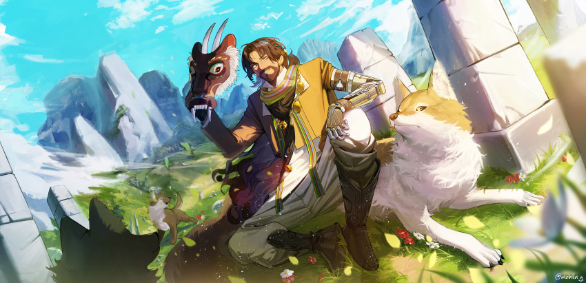 1boy absurdres beard_stubble blue_sky blurry blurry_foreground boots brown_boots brown_coat brown_hair cloud coat dark-skinned_male dark_skin day dutch_angle facial_hair full_body grass grin hand_on_own_knee hand_up highres holding holding_mask indian knee_boots knee_up long_hair looking_at_animal looking_to_the_side male_focus mask mature_male mechanical_arms mobiling mountain multicolored_scarf on_grass on_ground outdoors pants pants_tucked_in pillar prosthesis prosthetic_arm reverse:1999 scarf shamane shirt single_mechanical_arm sitting sky smile solo stubble teeth twitter_username unworn_mask white_pants white_shirt wolf