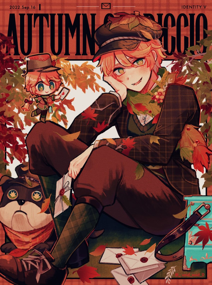1boy autumn autumn_leaves bag bell blonde_hair blush brown_pants chibi chibi_inset dated dog english_text falling_leaves full_body green_eyes green_socks hair_between_eyes hand_on_own_cheek hand_on_own_face highres holding holding_bell holding_letter identity_v jacket knee_up leaf letter long_sleeves looking_at_viewer male_focus maple_leaf official_alternate_costume open_mouth pants plaid_clothes plaid_jacket plaid_socks scarf shirt short_hair sitting smile socks solo stitched_mouth stitches sweater_vest symbol-shaped_pupils tendenbarabara twitter_username unworn_bag victor_grantz victor_grantz_(autumn_reverie) white_shirt wick_(identity_v) yellow_pupils