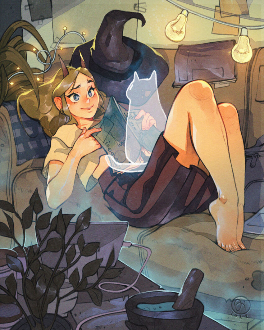 1girl animal animal_on_lap artist_logo barefoot black_hat blonde_hair blue_bag blue_eyes cat cat_on_lap closed_mouth commentary couch dated demon_girl demon_horns earrings feet full_body ghost hat highres holding holding_magazine horns jar jewelry knees_up leaning_back logo long_hair looking_to_the_side magazine_(object) mortar_(bowl) on_couch on_lap original pestle plant pleated_skirt potted_plant red_horns red_skirt shirt simz skirt smile solo string_of_light_bulbs tablet_pc toes unworn_hat unworn_headwear white_shirt witch_hat