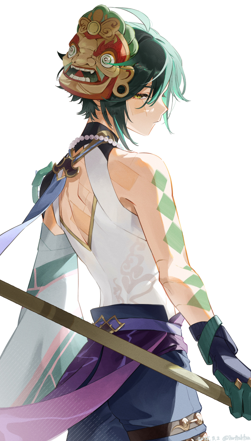 1boy ahoge aqua_hair arm_tattoo artist_name back back_cutout belt black_hair blue_pants chinese_clothes closed_mouth clothing_cutout cloud_print commentary_request cowboy_shot detached_sleeves eyeshadow from_behind genshin_impact gloves green_gloves hair_between_eyes highres holding holding_polearm holding_weapon isofishtsu jewelry long_sleeves looking_at_viewer looking_back makeup male_focus mask mask_on_head necklace pants pearl_necklace pelvic_curtain polearm primordial_jade_winged-spear_(genshin_impact) purple_belt red_eyeshadow scar shirt short_hair sidelocks simple_background single_bare_shoulder single_detached_sleeve sleeveless sleeveless_shirt solo spear standing tattoo weapon white_background white_shirt wide_sleeves xiao_(genshin_impact) yellow_eyes