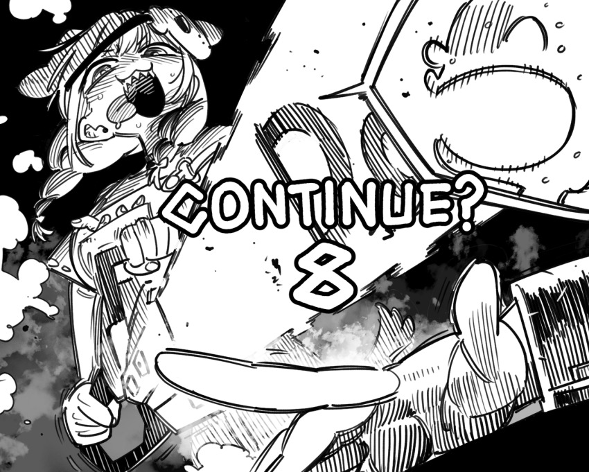 1boy 1girl :3 animal_ears braid chainsaw commentary continue cosplay crazy crazy_smile dog_ears dog_girl english_text floating_hair game_over greyscale half-closed_eyes hashtag-only_commentary highres holding holding_chainsaw hololive inugami_korone inugami_korone_(9th_costume) jason_voorhees jason_voorhees_(cosplay) listener_(inugami_korone) looking_at_another mask mask_on_head monochrome official_alternate_costume open_mouth sharp_teeth smile teeth tongue tongue_out twin_braids virtual_youtuber
