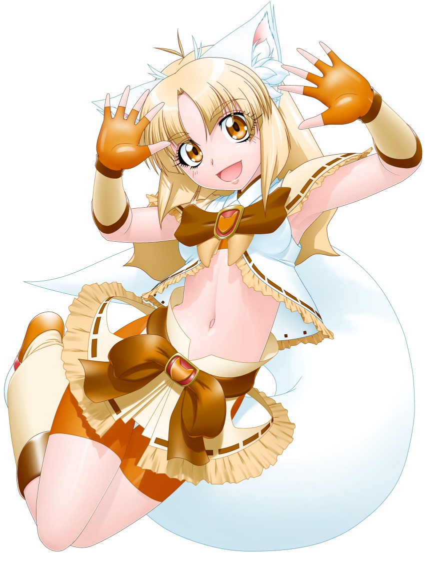 1girl :d absurdres animal_ears bike_shorts bike_shorts_under_skirt blonde_hair delica female_focus fingerless_gloves fox_ears fox_girl fox_tail gloves highres long_hair looking_at_viewer magical_girl midriff navel open_mouth original rabbit_pose short_hair shorts shorts_under_skirt simple_background smile solo tail thigh_gap wavy_hair yellow_eyes