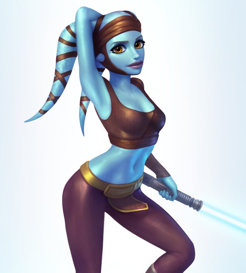 1girl aayla_secura alien arm_behind_head armpits blue_lightsaber blue_skin breasts brown_eyes brown_pants brown_shirt colored_skin crop_top energy_sword highres holding holding_sword holding_weapon lekku_(anatomy) lightsaber looking_at_viewer navel pants shirt simple_background single_sleeve small_breasts solo star_wars sword tight_clothes tight_pants twi&#039;lek twinji weapon white_background