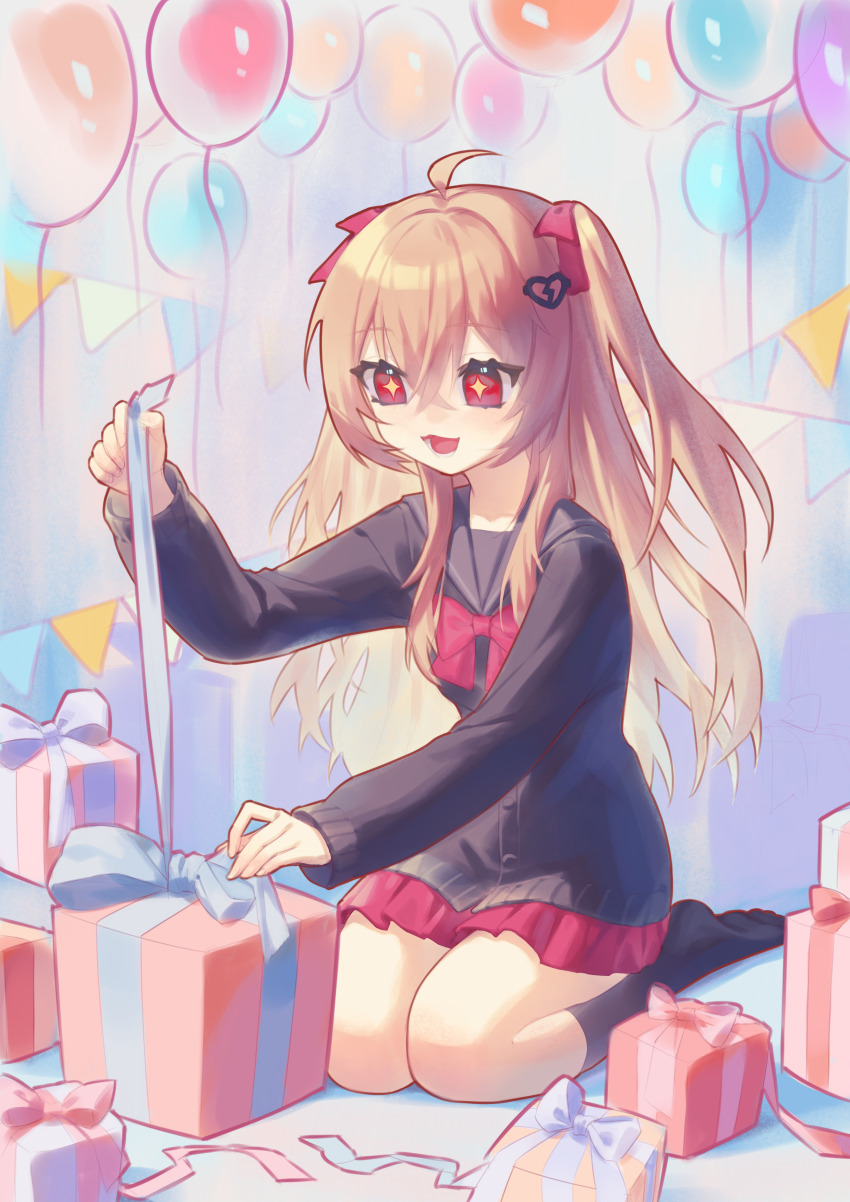 +_+ 1girl :d absurdres ahoge balloon black_cardigan black_socks bow box brown_hair cardigan chi_yei commentary english_commentary evil_neuro-sama gift gift_box grey_sailor_collar hair_between_eyes hair_bow hair_ornament heart heart_hair_ornament highres indie_virtual_youtuber long_hair long_sleeves looking_at_viewer neuro-sama open_mouth pennant pleated_skirt puffy_long_sleeves puffy_sleeves red_bow red_eyes red_skirt sailor_collar school_uniform seiza serafuku sitting skirt smile socks solo string_of_flags two_side_up unwrapping very_long_hair virtual_youtuber