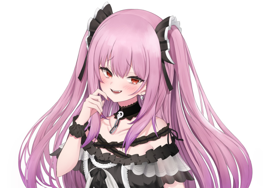 1girl :d absurdres bare_shoulders black_choker black_dress blush choker collarbone dress earrings eyelashes fang fingernails frilled_dress frilled_straps frills furrowed_brow gesugao gothic_lolita hand_to_own_mouth higashigure highres hololive jewelry lace lace_choker lolita_fashion long_fingernails long_hair looking_at_viewer nail_polish off-shoulder_dress off_shoulder open_mouth pink_hair red_eyes red_nails see-through_clothes see-through_sleeves sharp_fingernails short_sleeves simple_background skull_earrings smile smug solo two_side_up upper_body uruha_rushia uruha_rushia_(3rd_costume) virtual_youtuber white_background wristband