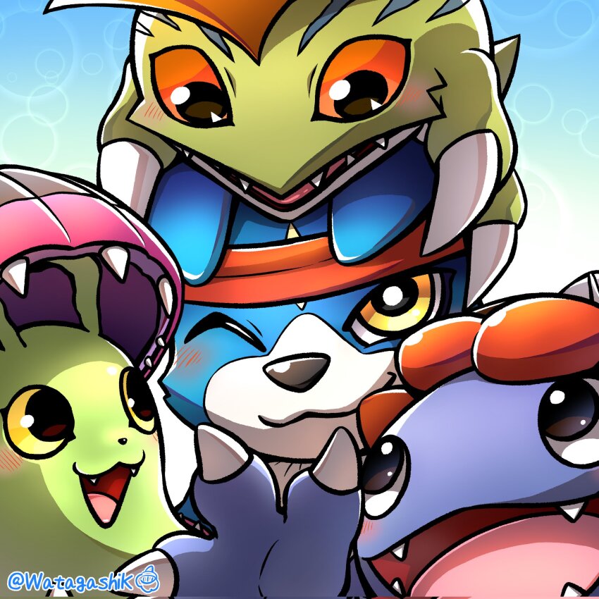 bandages digimon digimon_(creature) fangs gaomon happy highres looking_at_another looking_at_viewer modokibetamon otamamon shakomon smile