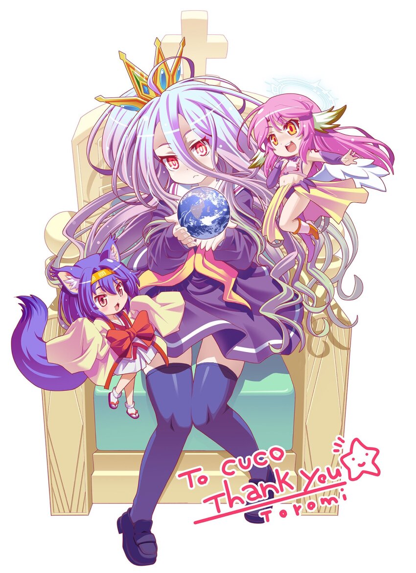 3girls :&lt; ahoge animal_ear_fluff animal_ears artist_name blue_hair boots chibi chibi_inset closed_mouth commentary_request commission commissioner_name crop_top crown detached_sleeves earth_(planet) fox_ears fox_girl fox_tail full_body geta gold_crown gradient_hair hair_between_eyes halo hatsuse_izuna headband highres japanese_clothes jibril_(no_game_no_life) kimono loafers long_hair long_hair_between_eyes long_sleeves looking_at_viewer low_wings medium_hair midriff mini_person minigirl multicolored_hair multiple_girls navel neckerchief no_game_no_life on_chair open_mouth orange_boots orange_headband orange_sandals pink_eyes pink_hair pink_shirt planet purple_footwear purple_hair purple_shirt purple_skirt purple_sleeves purple_thighhighs red_eyes red_pupils sailor_collar sandals school_uniform serafuku shiro_(no_game_no_life) shirt shoes sitting skeb_commission skirt sleeves_past_fingers sleeves_past_wrists smile solo_focus tabi tail teeth thank_you thighhighs tilted_headwear toromi_(toromix2) two-tone_hair upper_teeth_only white_halo white_sailor_collar white_wings wide_sleeves wing_ears wings yellow_eyes yellow_kimono yellow_neckerchief zettai_ryouiki