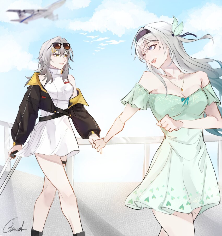 2girls aircraft airplane aqua_dress black_hairband black_jacket black_shoes breasts cleavage cloud cloudy_sky dress eyewear_on_head firefly_(honkai:_star_rail) glaciel grey_hair hair_between_eyes hair_intakes hair_ribbon hair_tie hairband hand_grab heart heart_print highres honkai:_star_rail honkai_(series) jacket jewelry medium_breasts multiple_girls necklace off-shoulder_dress off_shoulder one_eye_closed open_mouth railing ribbon ribbon-trimmed_dress ribbon_trim shoes sky sleeveless sleeveless_turtleneck smile stelle_(honkai:_star_rail) sunglasses thigh_strap trailblazer_(honkai:_star_rail) turtleneck turtleneck_dress white_dress