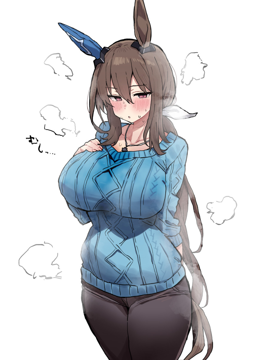 1girl admire_vega_(umamusume) animal_ears black_pants blue_sweater breasts ear_covers highres horse_ears horse_girl horse_tail jewelry large_breasts long_hair looking_at_viewer necklace pants shimiya_(aokuchi) simple_background single_ear_cover solo sweater tail umamusume white_background