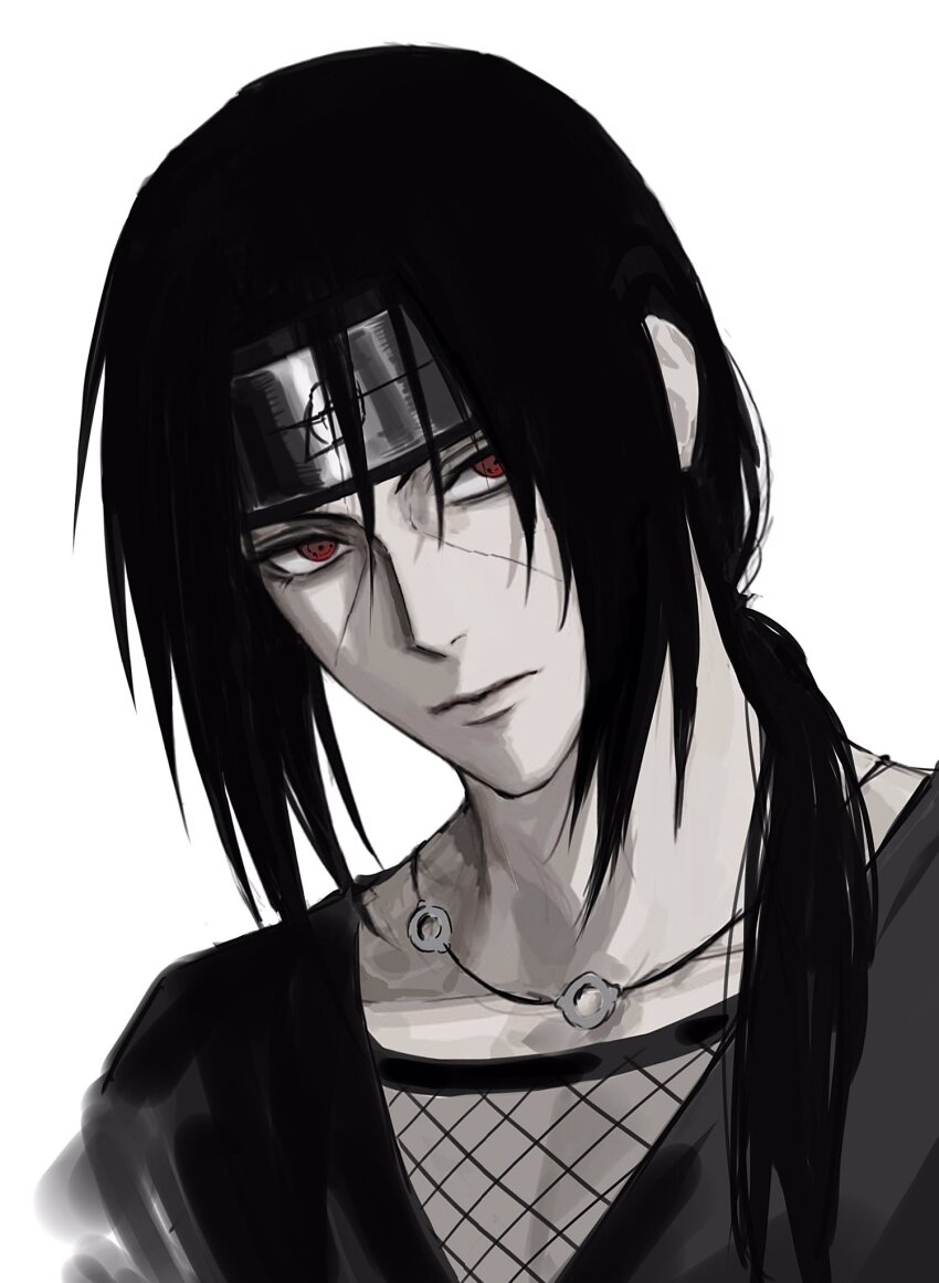 1boy black_hair closed_mouth forehead_protector highres jewelry konohagakure_symbol lips long_hair looking_at_viewer male_focus naruto_(series) necklace ponytail red_eyes sharingan short_hair simple_background solo sso_s uchiha_itachi white_background