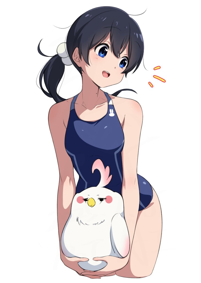 1girl bird black_hair blue_eyes blue_one-piece_swimsuit breasts cropped_legs dera_mochimazzui highres kitashirakawa_tamako leaning_forward leaning_to_the_side long_hair low_ponytail mole mole_on_neck nishizuki_shino one-piece_swimsuit ponytail simple_background small_breasts swimsuit tamako_market white_background