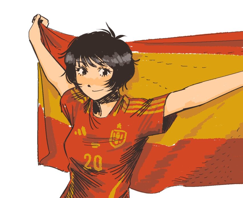 black_hair heidi_(heytherenrds) looking_at_viewer madeline_(heytherenrds) original red_shirt shirt short_hair smile soccer_uniform spain spanish_flag sportswear