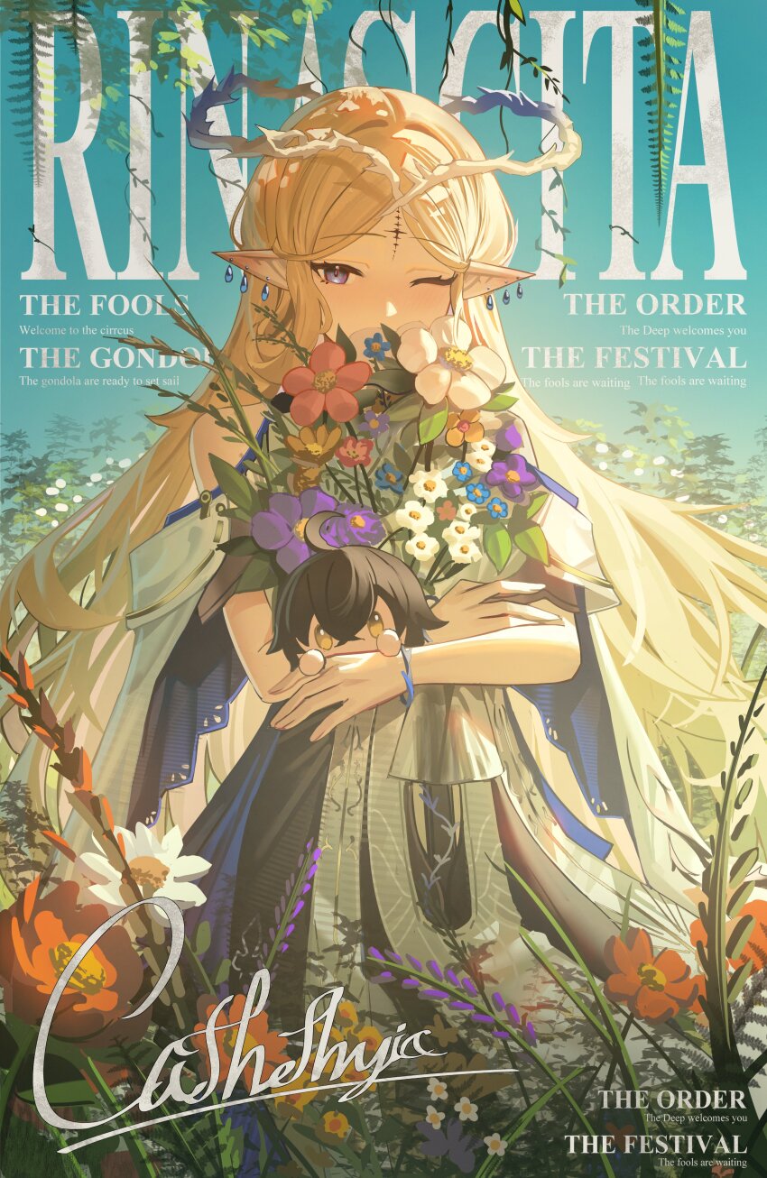 1girl absurdres adapted_costume alternate_costume bare_shoulders black_dress blonde_hair blue_eyes cartethyia_(wuthering_waves) commentary crown_of_thorns cube_(wuthering_waves) dress earrings english_text flower hashtag-only_commentary highres holding holding_flower jewelry jeze long_hair looking_at_viewer male_rover_(wuthering_waves) objectification one_eye_closed pointy_ears rover_(wuthering_waves) sidelocks solo tabard tacet_mark_(wuthering_waves) very_long_hair white_tabard wuthering_waves