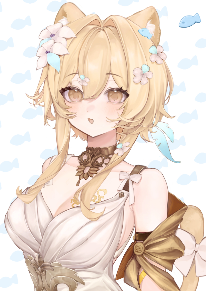 1girl absurdres aglaea_(honkai:_star_rail) aglaea_(honkai:_star_rail)_(cosplay) animal_ear_fluff animal_ears bare_shoulders blonde_hair bow breasts cat_ears cat_tail choker cleavage cosplay dress flower genshin_impact hair_flower hair_ornament highres honkai:_star_rail honkai_(series) large_breasts lumine_(genshin_impact) mihoyo open_mouth sakusaku_(616saku) short_hair_with_long_locks solo tail tail_bow tail_ornament upper_body white_background white_bow white_dress white_flower yellow_eyes
