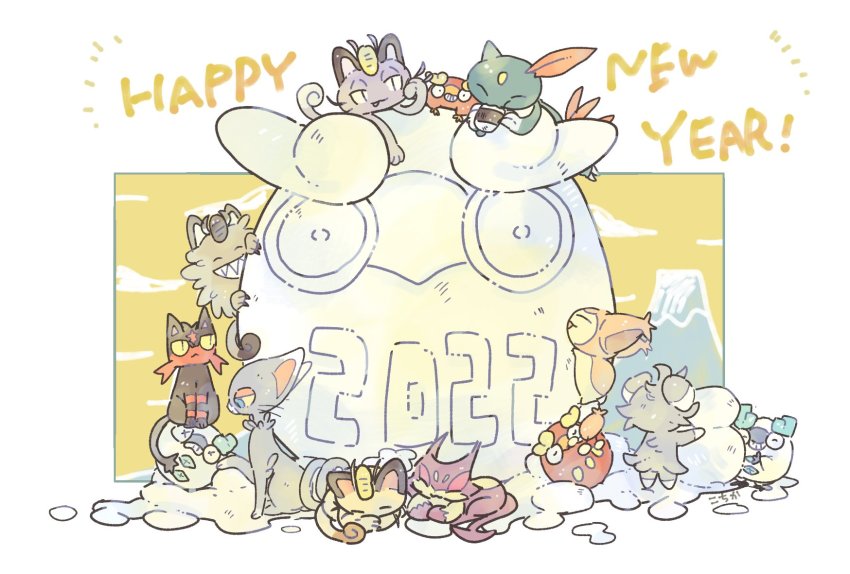 2022 ^_^ alolan_form alolan_meowth blue_eyes closed_eyes cloud coin colored_sclera darumaka espurr galarian_darumaka galarian_form galarian_meowth gen_1_pokemon gen_2_pokemon gen_3_pokemon gen_4_pokemon gen_5_pokemon gen_6_pokemon gen_7_pokemon gen_8_pokemon glameow gold grin half-closed_eyes happy_new_year highres katiko koban_(gold) litten meowth mountain new_year nintendo no_humans perrserker pokemon pokemon_(creature) purrloin sharp_teeth skitty slit_pupils smile sneasel snow snowman teeth whiskers x_x yellow_sclera