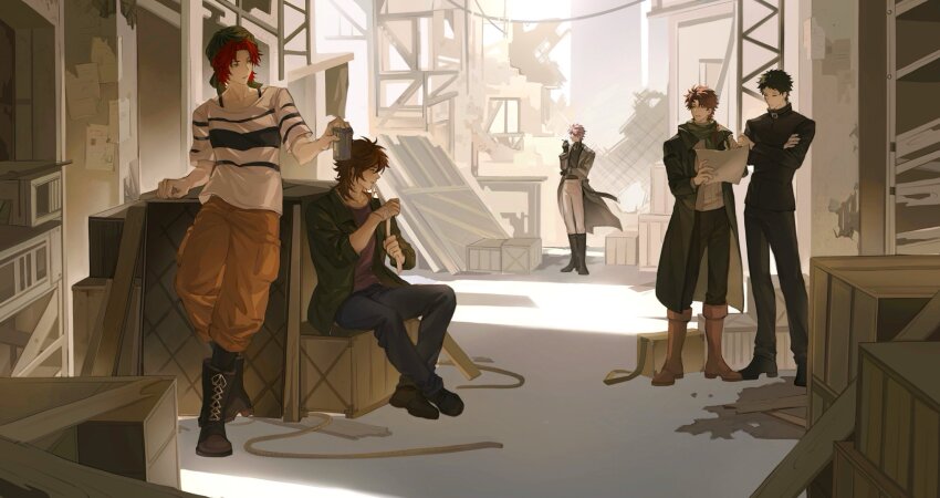 1girl 4boys annie_(saibou_shinkyoku) belt black_belt black_boots black_coat black_hair black_jacket black_pants black_shoes blue_pants boots bra_strap brown_boots brown_hair brown_pants chinese_commentary coat commentary_request crate crossed_arms dreyfus_zweig full_body green_scarf grey_sweater harada_minoru highres isoi_reiji jacket medium_hair multiple_boys open_belt open_clothes open_coat open_jacket pants parted_bangs purple_hair purple_shirt red_hair ribbed_sweater saibou_shinkyoku scarf she_yellowbelly shirt shoes short_hair short_sleeves sitting sweater theodore_riddle white_pants white_shirt