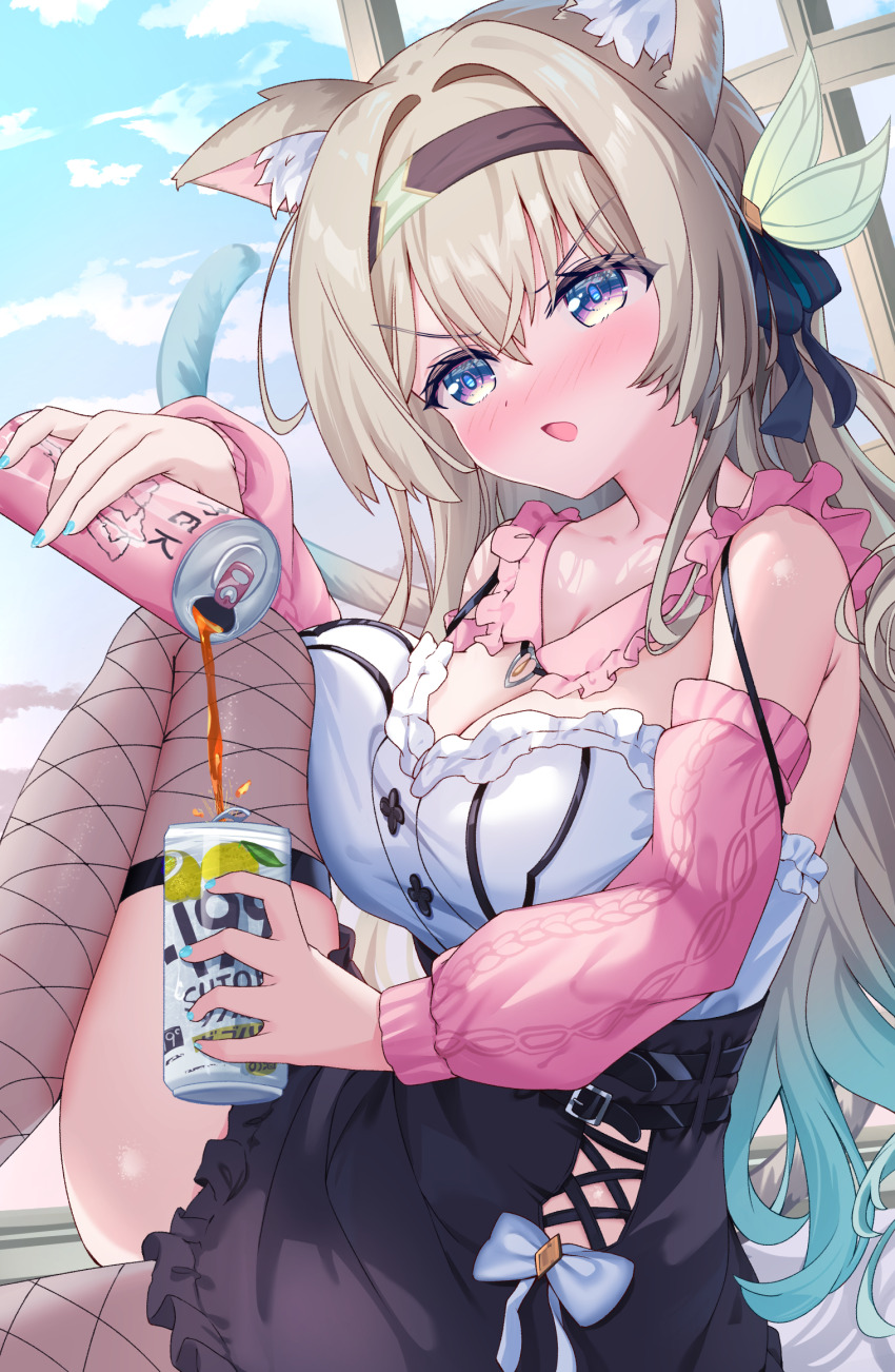 1girl alternate_costume animal_ear_fluff animal_ears black_hairband black_skirt blush breasts can cat_ears cat_girl cat_tail cleavage collarbone detached_sleeves drink_can drunk firefly_(honkai:_star_rail) fishnet_thighhighs fishnets frilled_skirt frills gradient_hair grey_hair hair_between_eyes hair_intakes hair_ornament hairband highres hiyada_yuu holding holding_can honkai:_star_rail honkai_(series) jirai_kei large_breasts long_hair long_sleeves looking_at_viewer monster_energy multicolored_hair open_mouth pink_eyes skirt soda_can solo tail thighhighs thighs