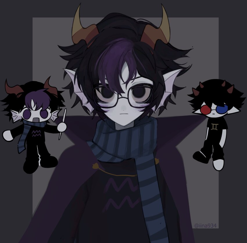 2boys absurdres aquarius_(symbol) archived_source asymmetrical_footwear black-framed_eyewear black_footwear black_hair blue-tinted_eyewear blue_scarf blush border cape chibi chibi_inset colored_skin commentary english_commentary eridan_ampora expressionless fins fish_boy gemini_(symbol) glasses grey_background grey_border grey_skin hands_in_pockets head_fins highres holding holding_wand homestuck horns iina934 long_sleeves male_focus messy_hair multicolored_hair multiple_boys multiple_horns muted_color open_mouth orange_horns pointy_ears purple_cape purple_eyes purple_hair red-tinted_eyewear scarf shirt short_hair short_sleeves solid_eyes solid_oval_eyes sollux_captor striped_clothes striped_scarf tinted_eyewear troll_(homestuck) twitter_username two-tone_background two-tone_hair upper_body wand white_footwear