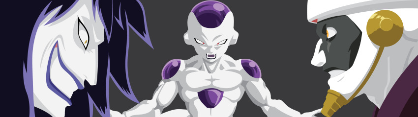 1990s 2000 2000s 2005 3boys absurdres alien artist_request bleach caesar_clown clenched_teeth crossover dragon_ball dragonball_z evil_grin evil_laugh evil_laughing evil_smile face-to-face freezer frieza grin highres horse_boy kurotsuchi_mayuri long_hair mad_scientist multiple_boys muscular nakao_ryuusei one_piece red_eyes referi simple_background smile staring staring_contest studio_pierrot teeth third-party_edit toei_animation very_long_hair voice_actor_connection yellow_eyes