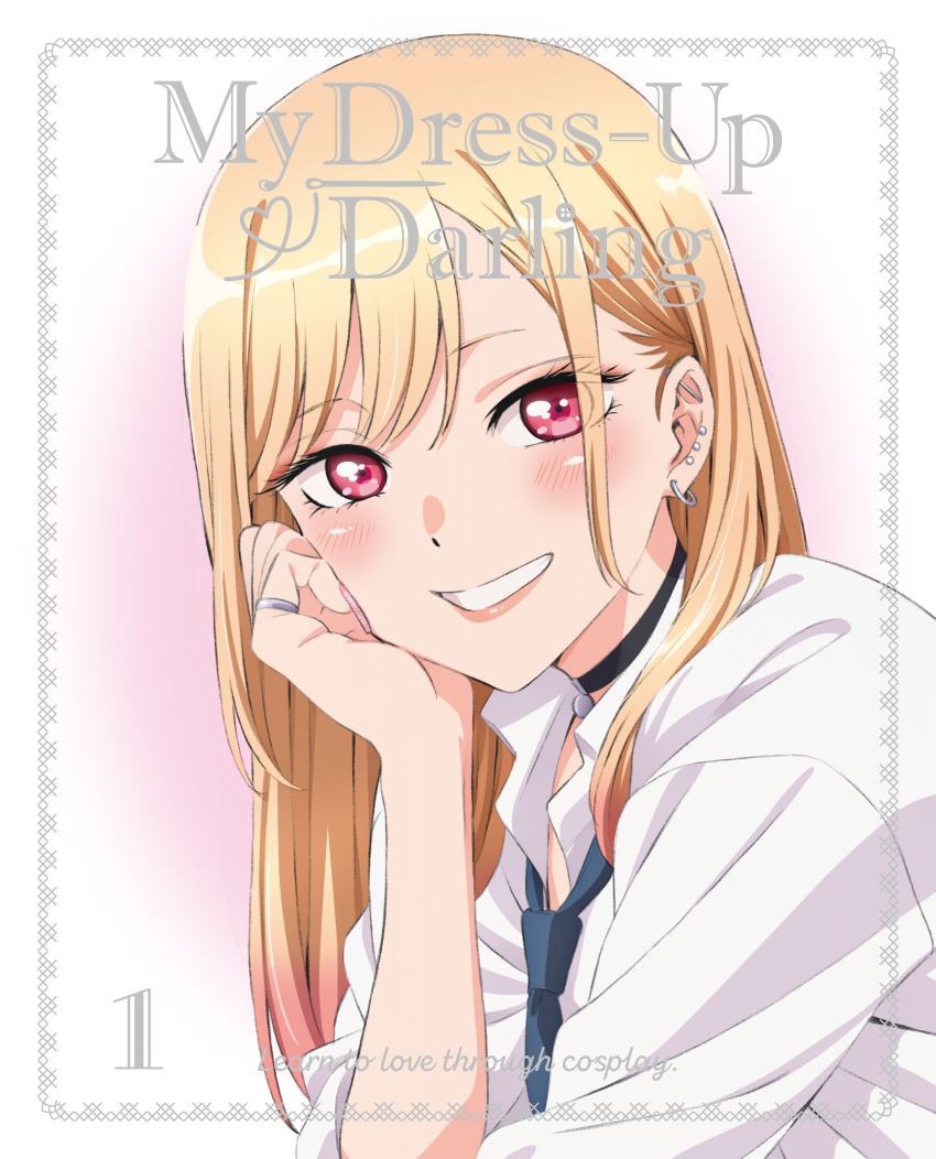 1girl absurdres barbell_piercing black_choker blonde_hair blu-ray_cover blue_necktie blush choker commentary_request cover dvd_cover english_text fake_nails gyaru head_on_hand highres jewelry kitagawa_marin multicolored_hair necktie official_art piercing pink_hair pink_nails red_eyes ring round_teeth school_uniform shirt smile sono_bisque_doll_wa_koi_wo_suru teeth white_shirt