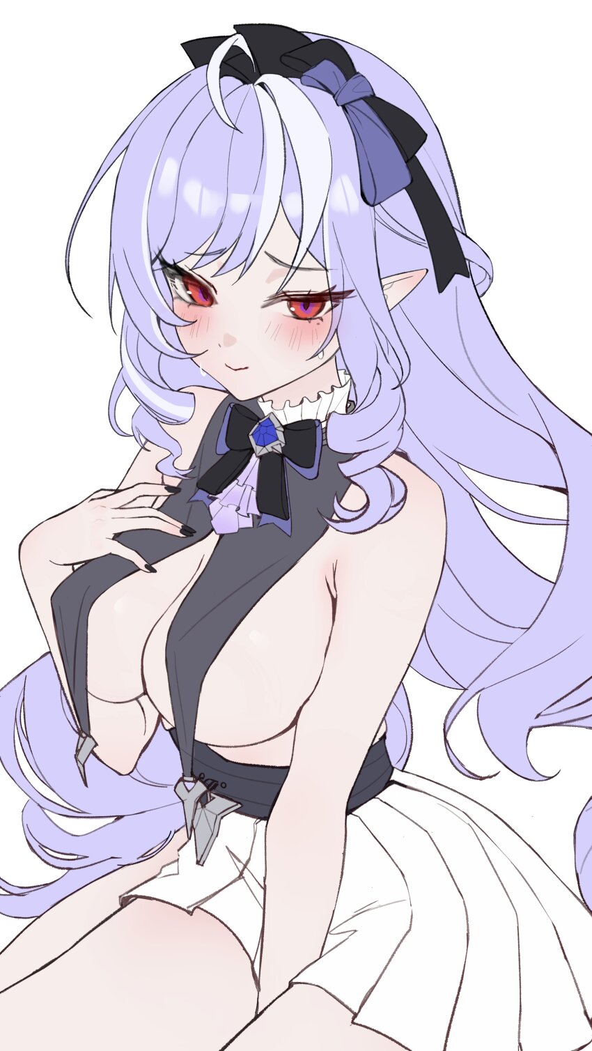 1girl absurdres alternate_costume black_bow black_bowtie black_hairband blush bow bowtie breast_curtains breasts collar hairband highres large_breasts long_hair pointy_ears purple_hair red_eyes sketch skirt solo thighs twintails very_long_hair vivian_(zenless_zone_zero) white_skirt zenless_zone_zero zije