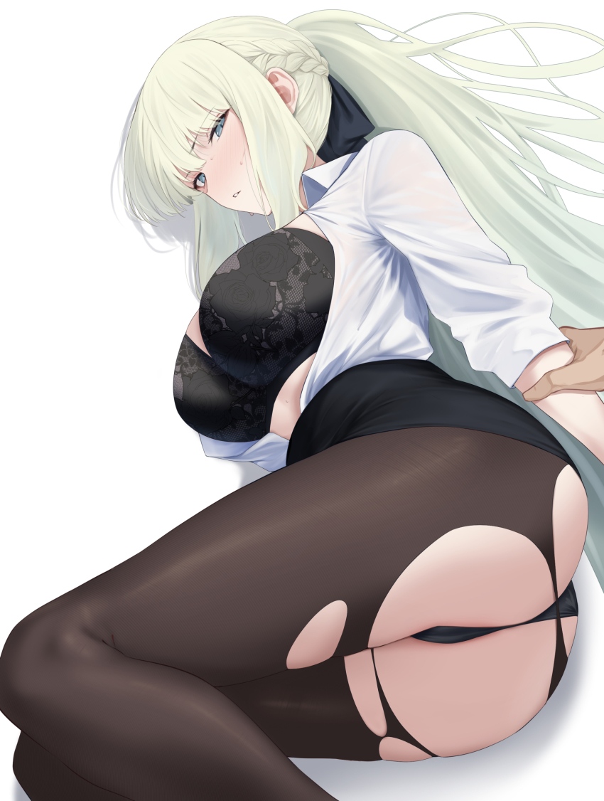 1girl black_bow black_bra black_dress black_panties black_skirt blue_eyes blush bow bra braid breasts collared_shirt dress dress_shirt fate/grand_order fate_(series) front-hook_bra full_body grey_hair hair_between_eyes hair_bow half_up_braid highres holding large_breasts long_hair long_sleeves looking_at_viewer morgan_le_fay_(chaldea_satellite_station)_(fate) morgan_le_fay_(fate) office_lady okuma707 panties pantyhose pencil_skirt ponytail shirt sidelocks simple_background skirt solo torn_clothes torn_pantyhose underwear very_long_hair white_background white_shirt