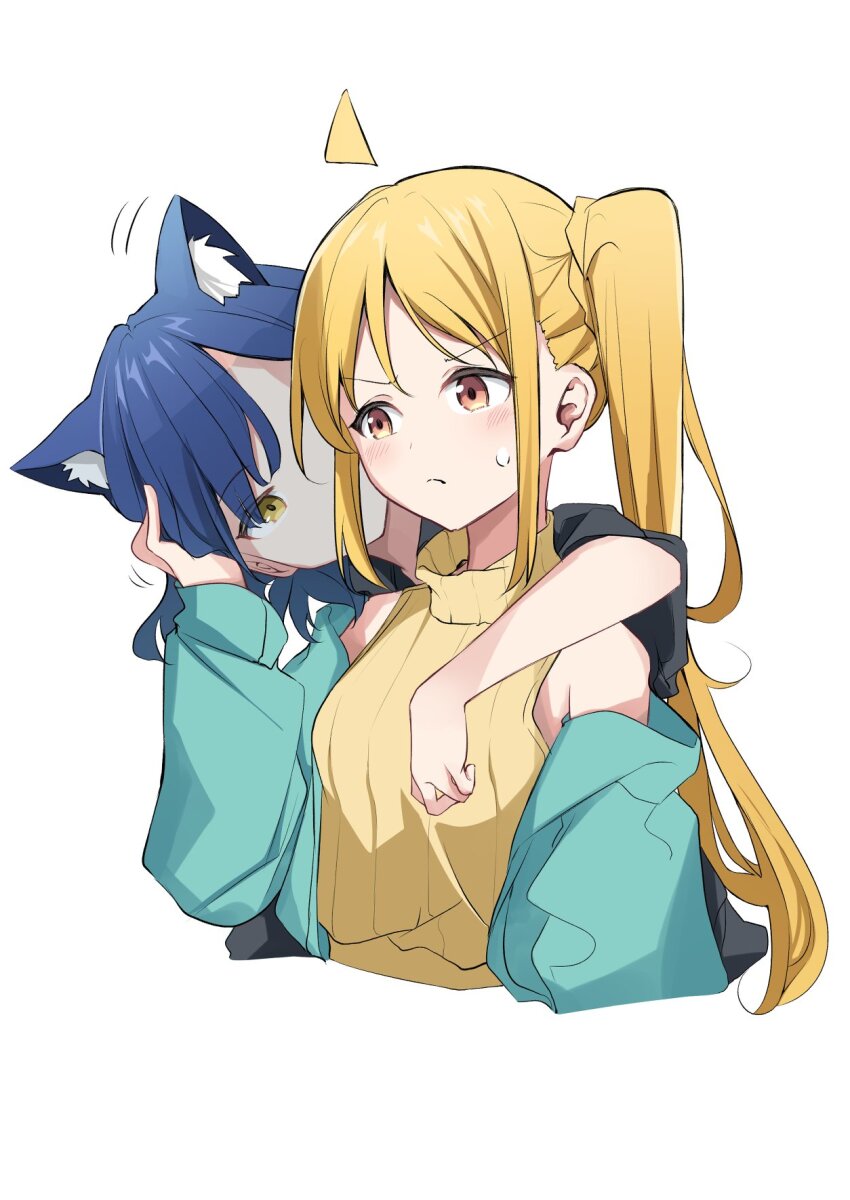 2girls ahoge alternate_costume animal_ears black_shirt blonde_hair blue_hair blush bocchi_the_rock! cat_ears commentary_request dress hand_on_another&#039;s_head highres hug hug_from_behind ijichi_nijika keito4f motion_lines multiple_girls off-shoulder_jacket off_shoulder red_eyes shirt short_hair side_ponytail simple_background sleeveless sleeveless_dress sweatdrop translation_request white_background yamada_ryo yellow_eyes yellow_shirt yuri