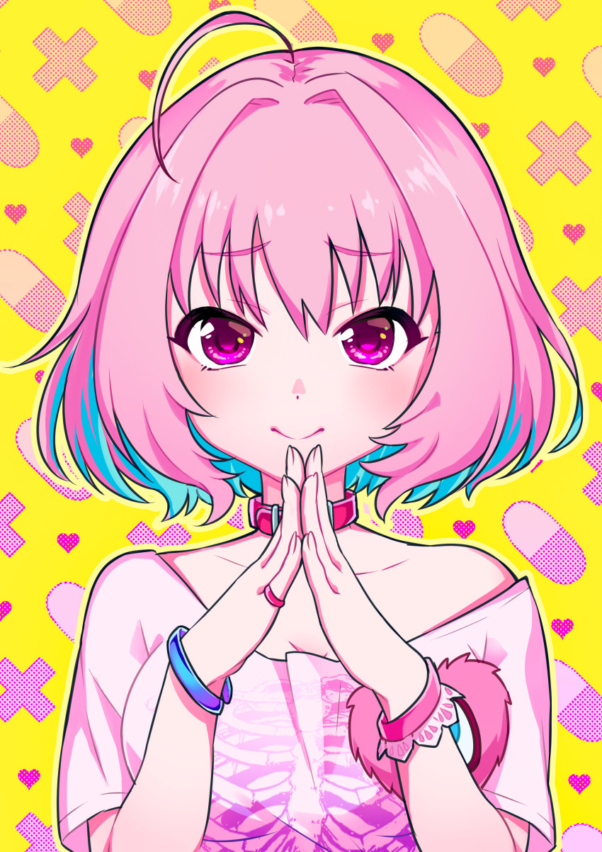 1girl absurdres ahoge bangle blue_hair bracelet breasts cleavage closed_mouth collar collarbone commentary dot_nose eriko_(nakaeri_gogo) hair_intakes hands_up heart heart_background highres idolmaster idolmaster_cinderella_girls jewelry large_breasts looking_at_viewer multicolored_hair pill_background pink_collar pink_eyes pink_hair pink_shirt shirt short_sleeves single_bare_shoulder smile solo steepled_fingers two-tone_hair upper_body yellow_background yumemi_riamu