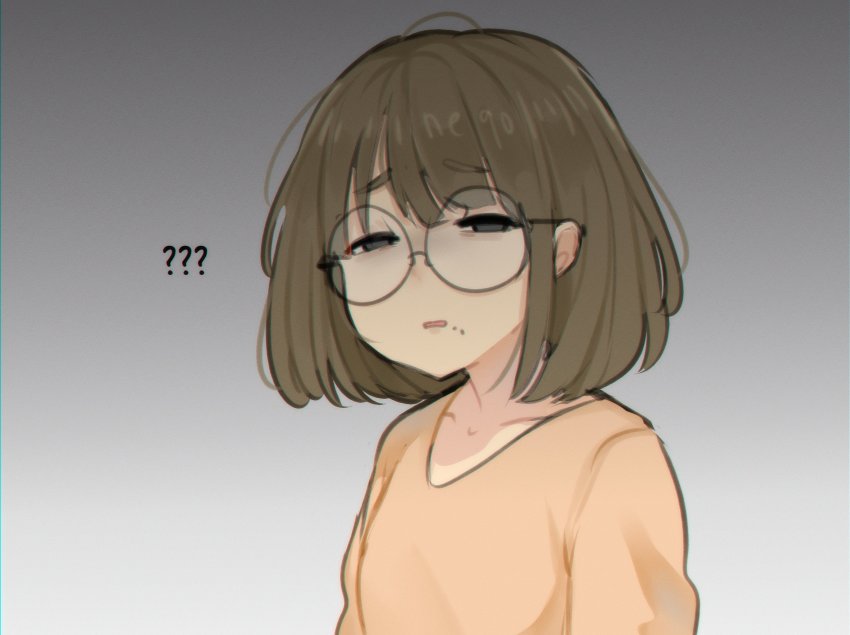 1girl ? ?? artist_name brown_eyes brown_hair collarbone commentary glasses gradient_background grey_background highres looking_at_viewer messy_hair mole mole_under_mouth neqo_(neneneqo) open_mouth original shirt short_hair simple_background solo symbol-only_commentary white_background yellow_shirt