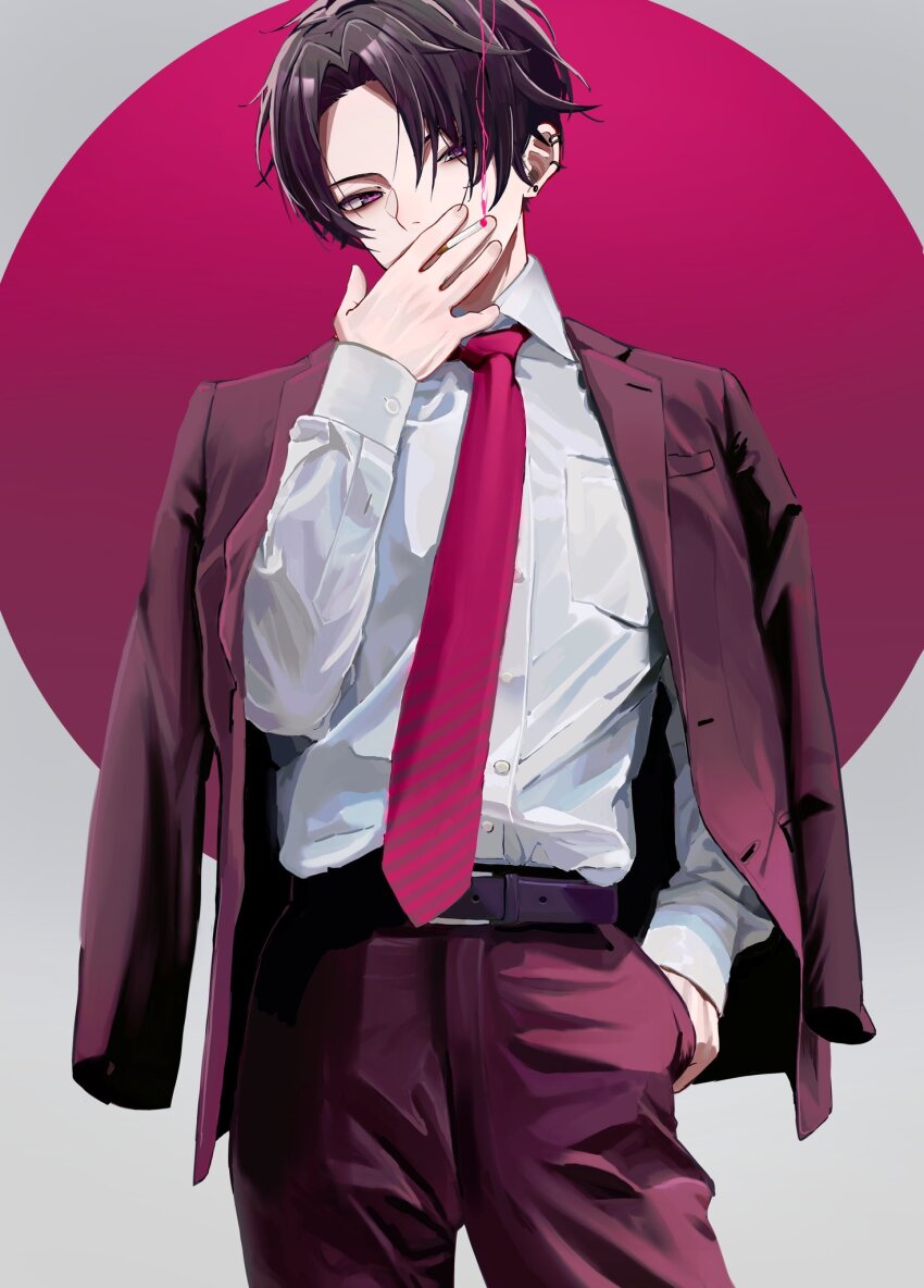 1boy belt belt_buckle black_belt boxterebityan3 breast_pocket brown_hair buckle buttons cigarette circle collared_shirt commentary_request covering_own_mouth curtained_hair dress_shirt ear_piercing earrings feet_out_of_frame formal_clothes grey_background hand_in_pocket hand_over_own_mouth highres holding holding_cigarette jacket jacket_on_shoulders jewelry long_sleeves looking_to_the_side male_focus nijisanji pants piercing pocket purple_eyes purple_jacket purple_pants purple_suit saiki_ittetsu shirt shirt_tucked_in short_hair sideways_glance smoke smoke_trail smoking solo standing suit suit_jacket virtual_youtuber white_shirt wing_collar