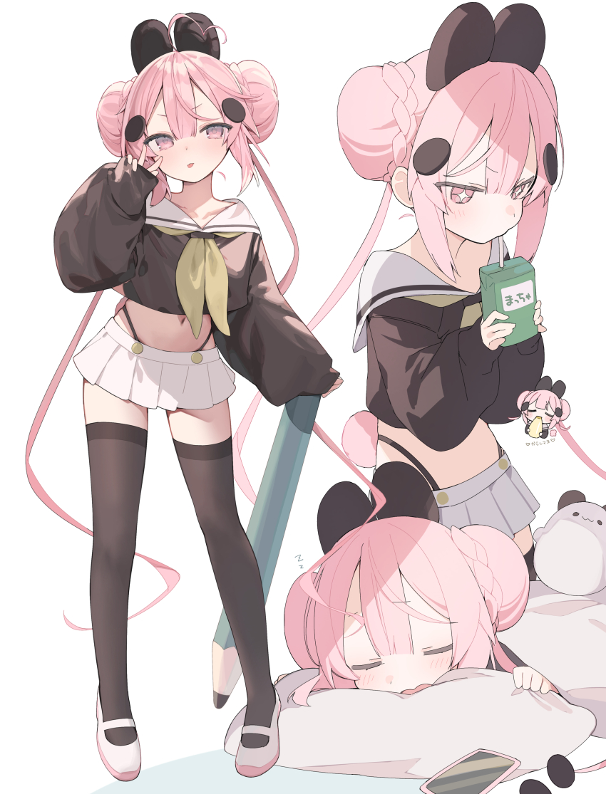 +_+ 1girl absurdres ahoge black_shirt black_thighhighs bun_with_braided_base cellphone closed_eyes commentary_request cropped_shirt cup disposable_cup double_bun drinking_straw full_body hair_between_eyes hair_bun hair_ornament hand_up heart heart_ahoge highleg highleg_panties highres holding holding_pencil long_hair long_sleeves looking_at_viewer lying midriff miniskirt multiple_views navel neckerchief original panties pencil phone pink_eyes pink_hair pleated_skirt puffy_long_sleeves puffy_sleeves sailor_collar school_uniform serafuku shin_no_tenpii shirt shoes simple_background skirt sleeping sleeves_past_wrists smartphone thighhighs tongue tongue_out twintails underwear uwabaki v very_long_hair white_background white_sailor_collar white_shoes yellow_neckerchief zettai_ryouiki zzz