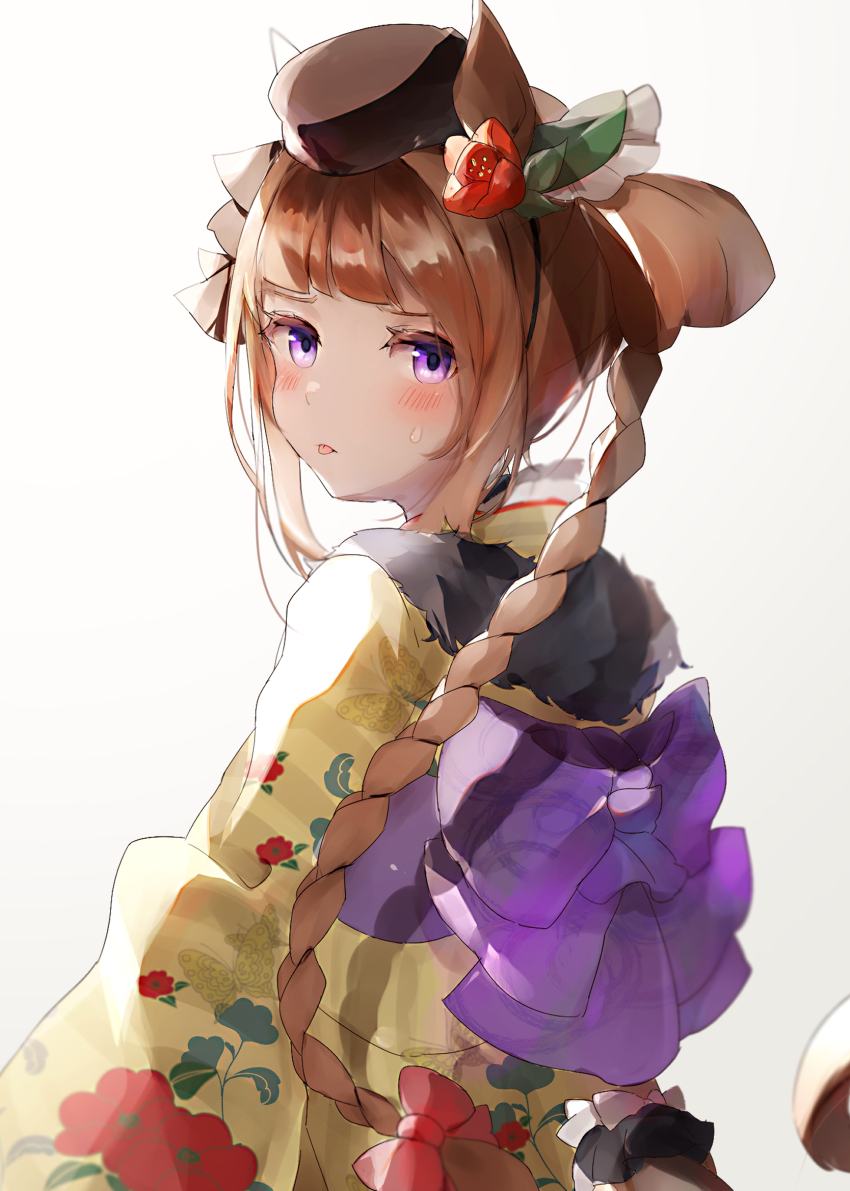 1girl :p animal_ears back_bow black_hat blunt_bangs blush bow braid brown_hair clothing_cutout commentary_request feather_boa floral_print floral_print_kimono flower from_behind gradient_background grey_background hair_flower hair_ornament hat highres horse_ears horse_girl horse_tail japanese_clothes kimono long_hair looking_at_viewer obi official_alternate_costume official_alternate_hairstyle print_kimono purple_sash ra_mun5239 sash sidelocks solo sweep_tosho_(umamusume) sweep_tosho_(whimsical_scenery)_(umamusume) tail tail_through_clothes tongue tongue_out umamusume upper_body yellow_kimono