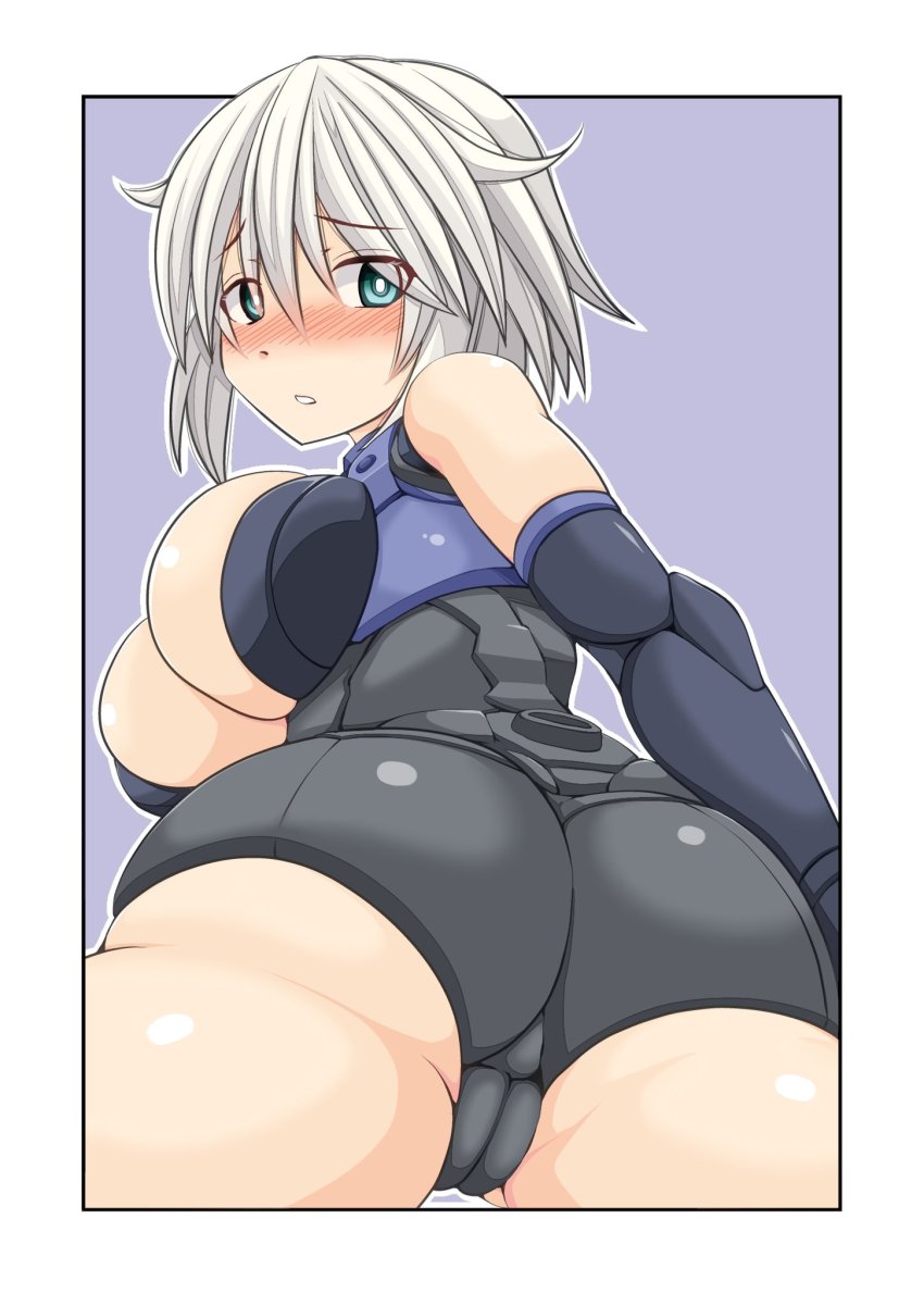 1girl 30_minutes_sisters ass blue_eyes blush breasts cameltoe cowboy_shot elbow_gloves embarrassed flustered gloves highres imagawa_akira large_breasts looking_at_viewer looking_back looking_down mecha_musume open_mouth rishetta_(30ms) short_hair solo white_hair