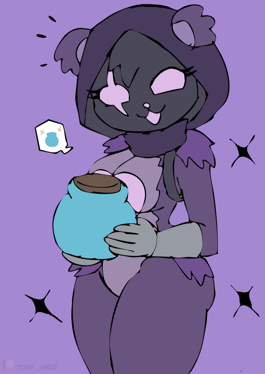1girl :3 absurdres animal_ears bear_ears bear_girl bodysuit breasts epic_games fortnite gloves grey_gloves heart heart_print highres holding holding_jar hood jar large_breasts looking_at_viewer open_mouth print_bodysuit purple_background purple_bodysuit purple_eyes raven_team_leader scar scar_across_eye scar_on_face sketch smile sparkle speech_bubble spoken_jar spoken_sparkle standing thick_thighs thighs tony_welt wide_hips