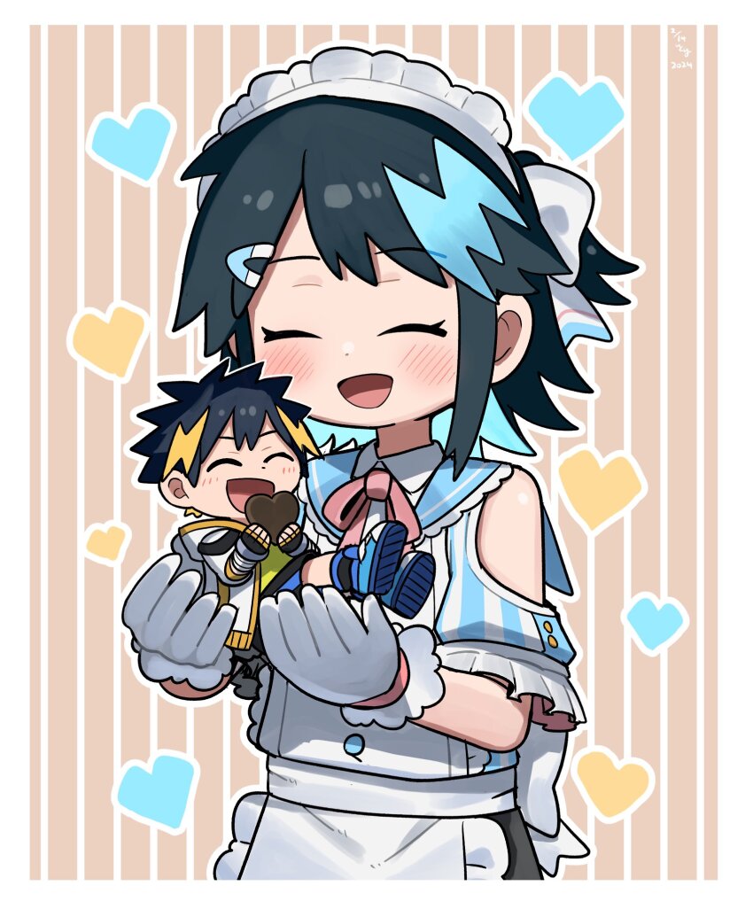 1boy 1girl :d apron bare_shoulders black_hair blue_hair chocolate colored_inner_hair gloves heart highres itoriyo maid maid_apron maid_headdress medium_hair mini_person miniboy multicolored_hair nakamura_yuto open_mouth raisei_no_ryu_tsukai short_hair sidelocks smile sorano_minori striped_background two-tone_hair valentine white_gloves