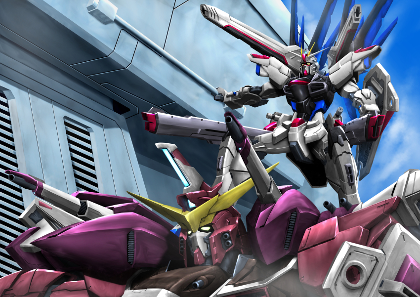 absurdres freedom_gundam gundam gundam_seed hayatefseiei highres huge_filesize justice_gundam looking_ahead mecha mechanical_wings mobile_suit no_humans robot science_fiction shield shoulder_cannon v-fin wings yellow_eyes