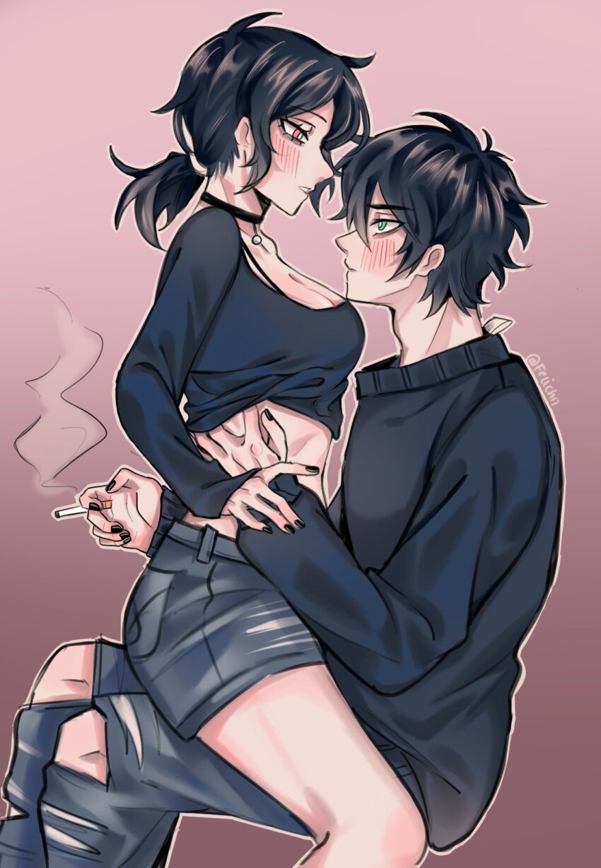 1boy 1girl adam&#039;s_apple andrew_graves ashley_graves bags_under_eyes black_choker black_hair black_nails black_shirt black_straps black_sweater blush bra_strap breasts brother_and_sister choker cigarette cleavage closed_mouth collarbone denim denim_shorts feet_out_of_frame felichiii from_side gradient_background green_eyes hand_on_another&#039;s_waist hand_under_clothes hand_under_shirt hetero highres holding holding_cigarette incest invisible_chair jeans long_hair long_sleeves looking_at_another low_ponytail messy_hair nail_polish outline pants parted_bangs parted_lips pendant_choker pink_background pink_eyes ponytail shirt shirt_rolled_up short_hair shorts siblings sitting sitting_on_lap sitting_on_person sleeves_past_wrists smoke smoke_trail sweater the_coffin_of_andy_and_leyley torn_clothes torn_jeans torn_pants twitter_username undressing_another v-shaped_eyebrows variant_set white_outline